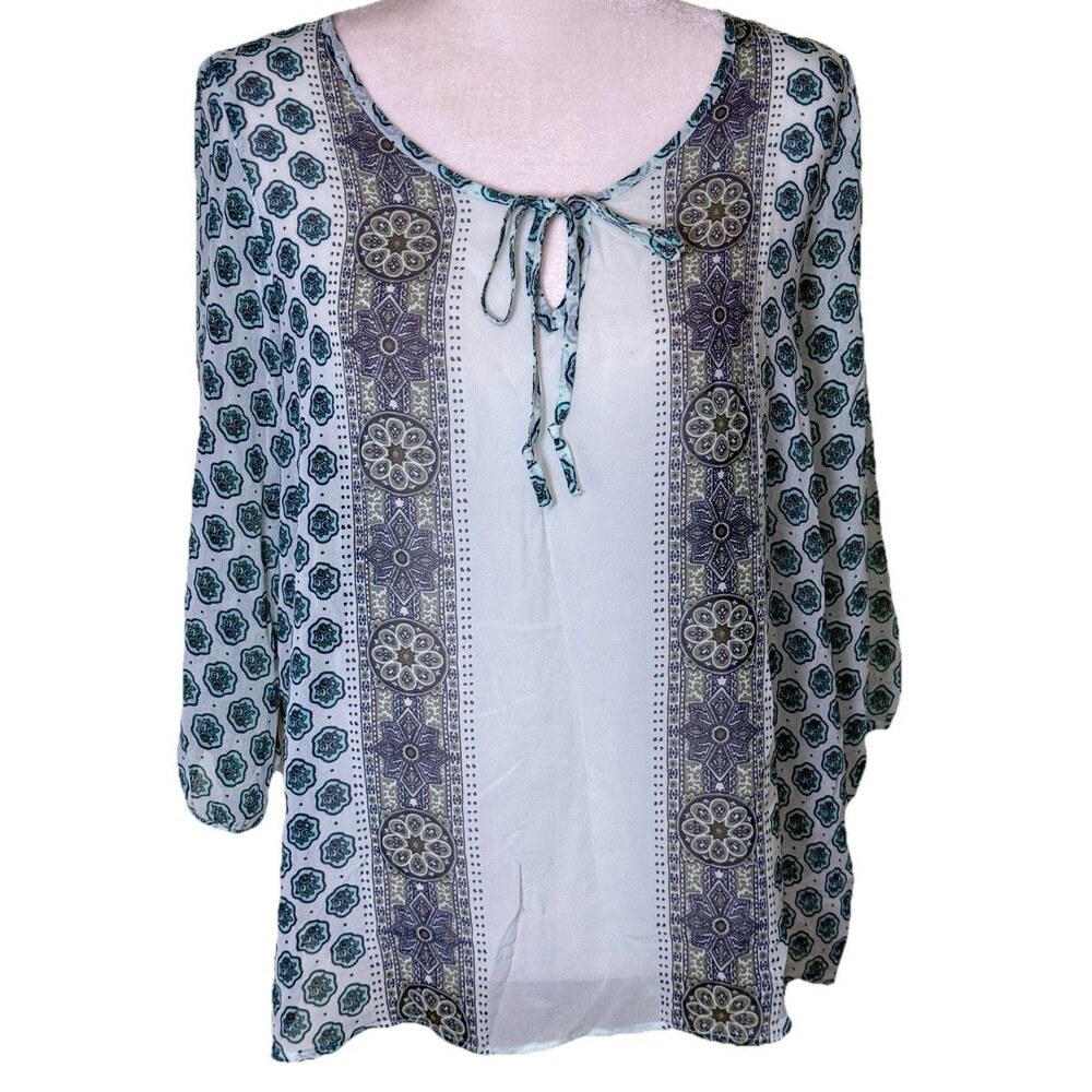 Women Boho Print Sheer Blouse Tie Neck Keyhole Hippie Top 3/4 Sleeve Flowy Sz Lg